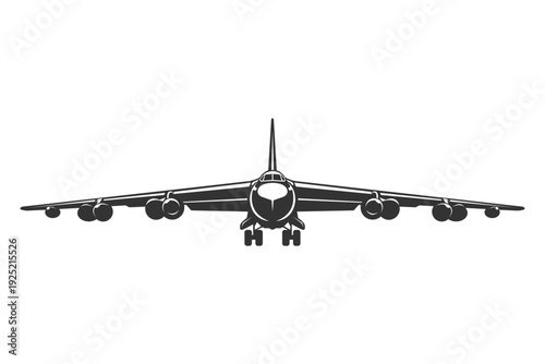 Silhouette B52 stratofortress military aircraft design from front view. Vector illustrations aeroplane in black and white color from ahead. Monochrome drawing united states bomber plane.