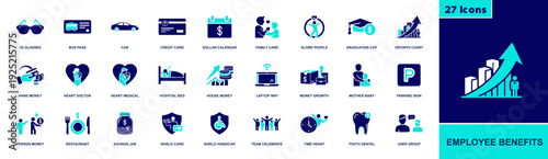 Employee benefits icon set. Containing health care, dental, insurance, family support, savings, credit card, bonus, leave, parking, retirement and more. Solid fill vector icons collection.