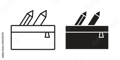 Pencil case icon in a simple, black and white style.