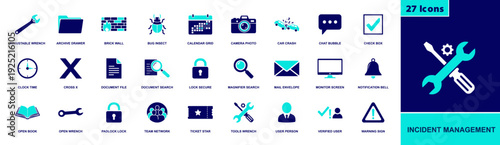 Incident management icon set. Containing alert, ticket, bug, wrench, checklist, calendar, chat, email, monitoring, lock, user, crash, audit and more. Solid fill vector icons collection.