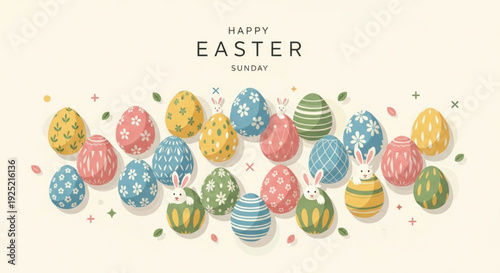 Colorful easter eggs and bunnies on a festive background with happy easter sunday text
