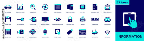 Information technology icon set. Containing code terminal, CPU, server, network, Wi-Fi, security lock, password, browser, email, storage, printer and more. Solid fill icons collection.