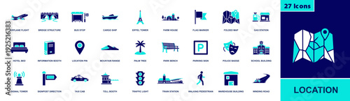Location icon set. Containing map, pin, direction sign, bus stop, taxi, train station, airport, road, bridge, parking, gas station, landmarks and more. Solid fill vector icons collection.