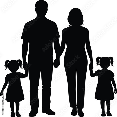 Family silhouettes walking together holding hands, parents with two children, unity, love, care, protection, parenting lifestyle concept isolated on white background illustration design