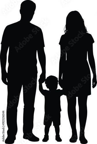 Family walking together silhouette holding child hands, parents and toddler unity, love, care, protection and parenting concept isolated on white background
