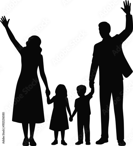 Family waving goodbye silhouettes holding hands, parents and children together, farewell moment, love, care, unity and emotional connection concept on white background