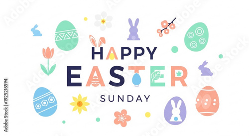 Colorful easter sunday greeting card with eggs bunnies flowers and butterflies on white background perfect for spring holiday celebration