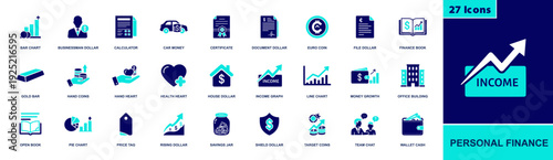 Personal finance icon set. Containing budget, savings, income, investment, charts, calculator, wallet, coins, gold bar, price tag, house money, health and more. Solid fill vector icons.