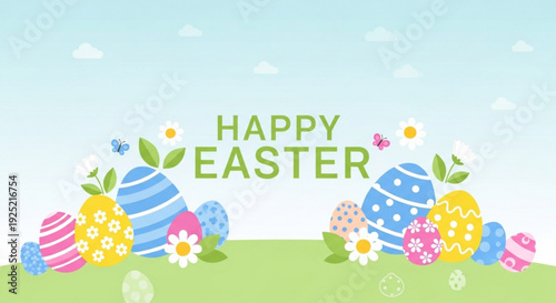Colorful easter eggs with flowers on green grass against a blue sky with fluffy clouds and happy easter text