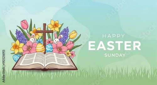 Easter sunday illustration with open bible cross flowers and eggs on green grass background symbolizing faith and celebration