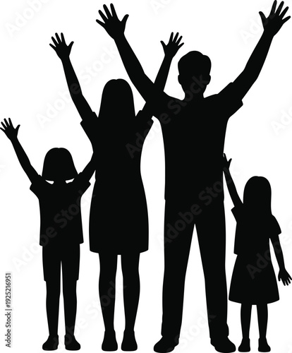 Happy family silhouettes raising hands together, parents and children celebrating unity, love, support, success and togetherness concept isolated on white background