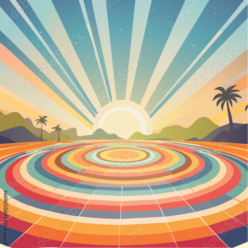 Lever de soleil stylisé – Paysage tropical abstrait aux couleurs vives