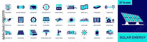 Solar energy icon set. Containing solar panel, array, roof, farm, tower, heater, street light, sun, battery, inverter, meter, power lines, plug, smart home and more. Solid fill vector icons.
