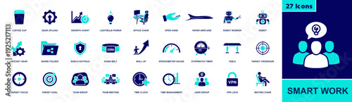 Smart work icon set. Containing productivity, office, teamwork, time management, skill up, automation, robots, VPN security, sharing, targets, growth charts and more. Solid fill vector icons.