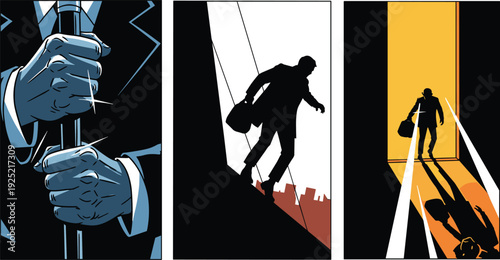 Detective noir mystery vector set, silhouette man with briefcase, dramatic lighting and urban suspense