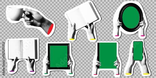 Set of halftone sticker illustrations of hands holding objects, featuring coffee cup, notebook, book, smartphone and frames with green screen chroma key mockups