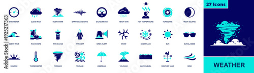 Weather icon set. Containing barometer, thermometer, wind, rain, umbrella, snowflake, hurricane, tornado, tsunami, earthquake, sun, clouds and more. Solid fill vector icons collection.