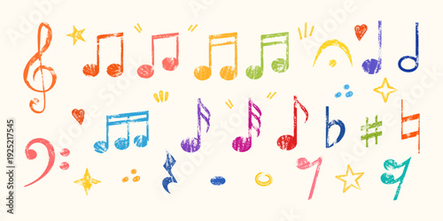 Colorful hand drawn music symbols set with chalk or crayon texture. Collection of bright musical notes, clefs, accidentals and decorative elements in rainbow colors. Doodle scribble musical symbol.