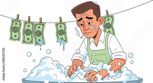 Man washing dollar bills in soapy water with money hanging on clothesline, money laundering and financial crime concept