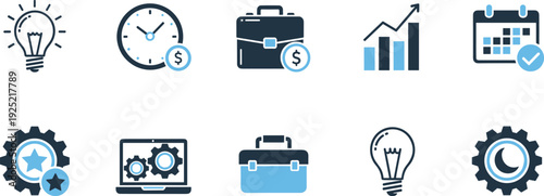Professional business and productivity icons set featuring creative lightbulb ideas time management growth charts briefcase and technical settings gears symbols.