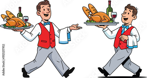 Smiling waiter carrying tray with roasted turkey, wine and bread, professional catering and festive holiday dinner service