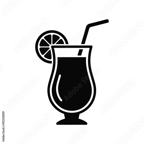 Black cocktail vector icon with lemon and straw Vector