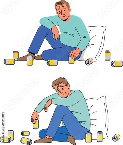 Depressed man sitting on floor surrounded by beer cans, concept of alcoholism, loneliness and mental health issues