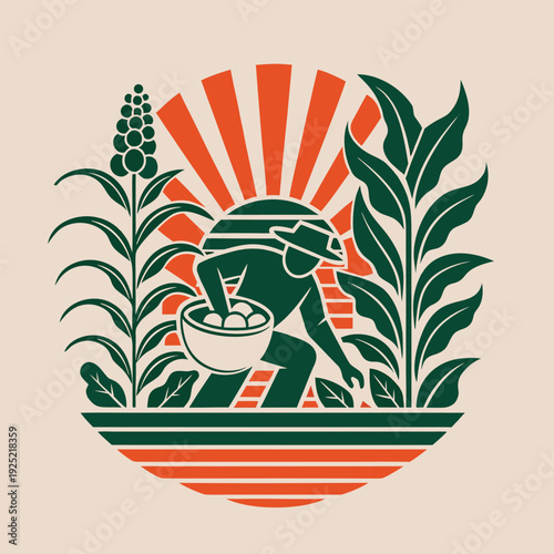 A stylized illustration depicts a farmer harvesting produce amidst vibrant foliage and a rising sun