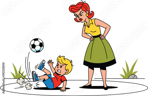 Angry Mother Scolding Naughty Son After He Falls Playing Soccer Indoors, Retro Cartoon Vector Illustration