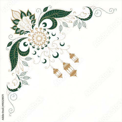 Arabic Floral Corner Design with Hanging Golden Ramadan Lanterns