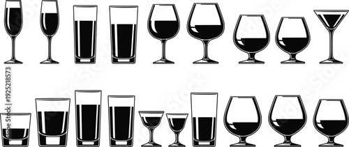 Alcohol drink glassware collection set wine beer cocktail whiskey champagne bar glasses silhouette vector illustration isolated design