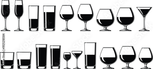 Alcohol beverage glassware set wine beer cocktail whiskey champagne bar drink glasses silhouette vector illustration collection isolated