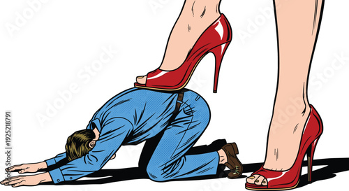Metaphorical pop art illustration of woman in red heels stepping on submissive man in office