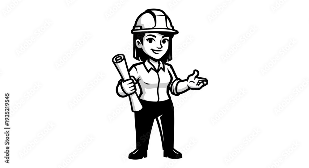 Fototapeta premium Female Engineer Cartoon Character Holding Wrench.