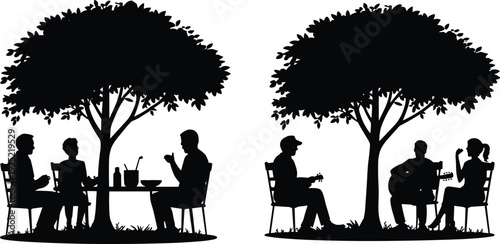 Friends Sitting Under Tree Silhouette Scenes, Outdoor Dining and Music Gathering, People Relaxing and Playing Guitar in Nature Isolated on White Background