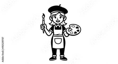 Cartoon Female Artist Holding Paintbrush and Palette.