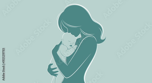 Mother Hugging Newborn Baby Illustration, Loving Mom Holding Infant Close to Chest, Maternal Affection and Motherhood Bond Concept, Gentle Parenting Care Minimal Design