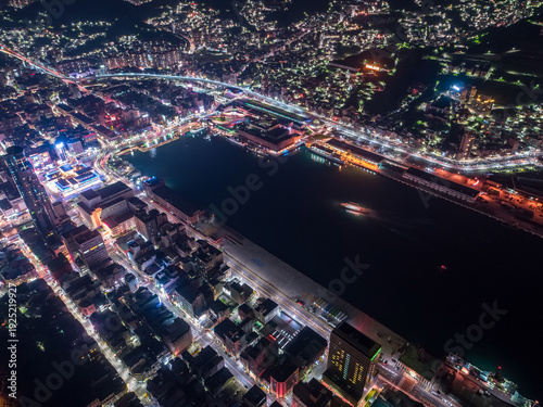 Keelung City Skyline Aerial View - Panoramic cityscape (night view), major port city situated in the northeastern part of Taiwan.