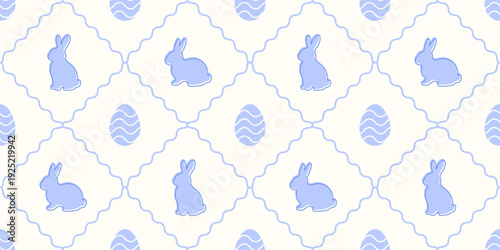 Happy Easter Seamless Pattern with Bunny and Eggs. Cute blue rhombus lace background. Gift wrapping paper for holidays. Wallpaper with simple flat rabbits. Vector illustration