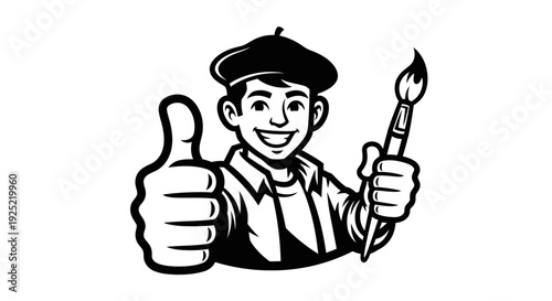 Cartoon Artist Painting with Paintbrush and Thumbs Up.