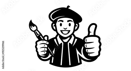 Cartoon Artist Holding Paintbrush and Thumbs Up.