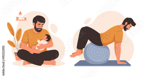 Father Doing Baby Care and Exercise Illustration Set, Dad Feeding Infant and Practicing Fitness with Yoga Ball, Modern Fatherhood and Parenting Lifestyle Concept Cartoon Style
