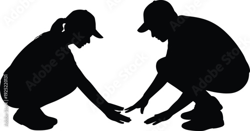 Silhouette of Two Volunteers Planting Tree Together, Environmental Conservation and Community Service Concept, Teamwork in Nature Isolated on White Background