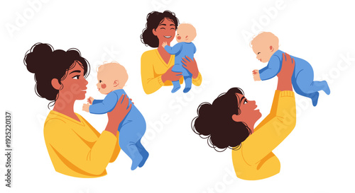 Mother Playing with Baby Illustration Set, Happy Mom Lifting and Hugging Newborn Infant, Parenting Love and Child Care Concept, Cute Motherhood Moments Cartoon Style