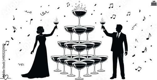 Champagne tower celebration party couple toasting elegant event sparkling wine glasses festive vector illustration luxury celebration concept