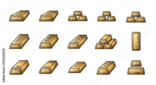 Illustration of various gold bars and bullion in different arrangements, including stacked gold bars, gold ingots, and shiny gold bar graphics, conveying a gold investment concept with a