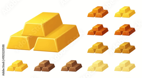 Illustration of stacked gold bars and gold bullion in various shades, depicting a gold investment concept with a metallic design on a white background.