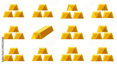 Illustration of shiny gold bars and bullion in various stacks, including single bars and multiple bars, against a clean white background, conveying a luxury gold investment concept.