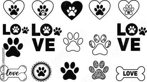 Dog paw love icons collection pet lover symbols hearts bones paw prints vector illustration set