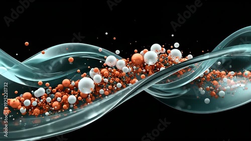Abstract flowing wave structure with suspended particles forming dynamic scientific visualization on dark background